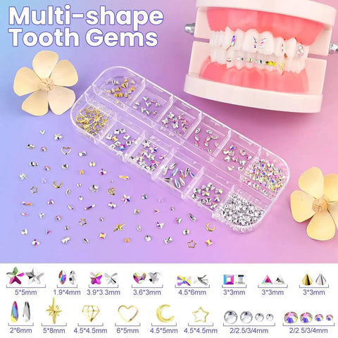 Tooth Gem Kit for Teeth Beginners with Colorful Crystal Gems and Essential Tools, includes multi-shape gems and dental tool model.