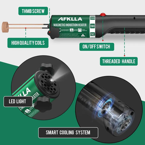 Induction Heater Bolt Removal Kit 1500W 110V Magnetic Heat Tool With 12 Coils showing LED light, smart cooling, and threaded handle