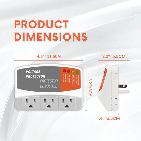 Three Outlet Refrigerator Surge Protector Wall Plug With Automatic Voltage Protection product dimensions front and side view.