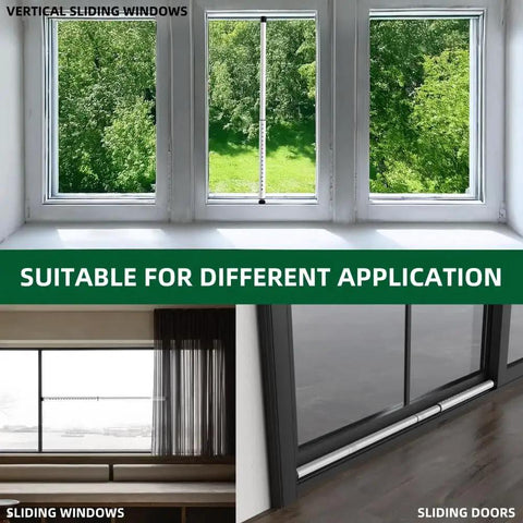 Adjustable Inside Mount Sliding Door Security Bar Fits 17.7 To 50.5 Inches shown on windows and sliding door applications.
