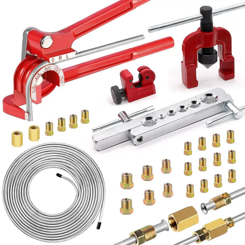 3/16 Inch Brake Line Kit 25 Ft Zinc Plated Fittings, Bender, Flare Tool Cutter with metal tubing and fittings visible