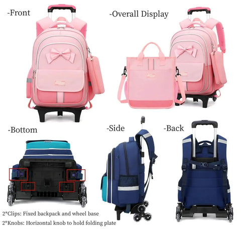 Girls Rolling Backpack Set Three Piece With Bowknot Design Wheels And Lunch Tote Handbag Trolley Bag For Elementary School Use