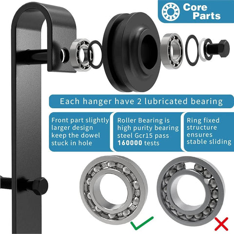 Close-up of Double Track Bypass Sliding Barn Door Hardware Kit bearings showing durable steel components and lubricated bearings.