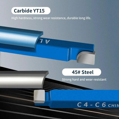 Close-up of Ten Piece One Quarter Inch Carbide Lathe Cutter Tool Bits Set For Metal Shop Milling And Welding Projects showing carbide YT15 and 45# steel.
