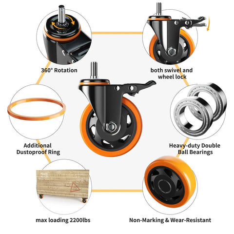 Heavy Duty 4 Inch Stem Caster Wheels Set Of 4 With Dual Locking Brakes For Furniture And Carts showcasing features and components