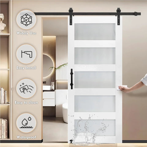 Dope Double Glass MDF Barn Doors Set 18 Inch By 84 Inch With 6.6 Ft Hardware Kit And Five Tempered Frosted Glass Panels installed