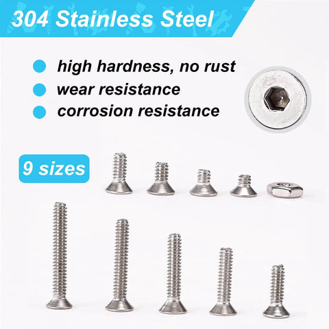 Premium 304 Stainless Steel Flat Head Hex Socket Cap Screws Set 220Pcs UNC 6 32 Nuts And Hardware Assortment Nine Common Sizes