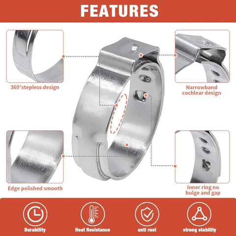 Features of 360 Pcs 16 Sizes Single Ear Hose Clamps 5.3 To 36.1 Mm Stainless Steel 304 Corrosion Resistant Crimp Clamps