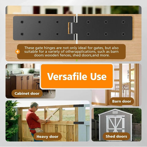 Heavy Duty Gate Hinges Black With Screws Adjustable hardware for gates, barns, fences; versatile use shown on doors and sheds.