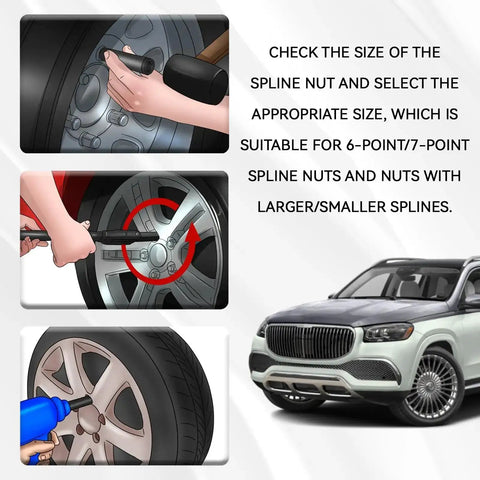Illustration showing use of 7 Spline Lug Nut Socket Set With Key For Easy Wheel Lock Removal on various wheels with high torque