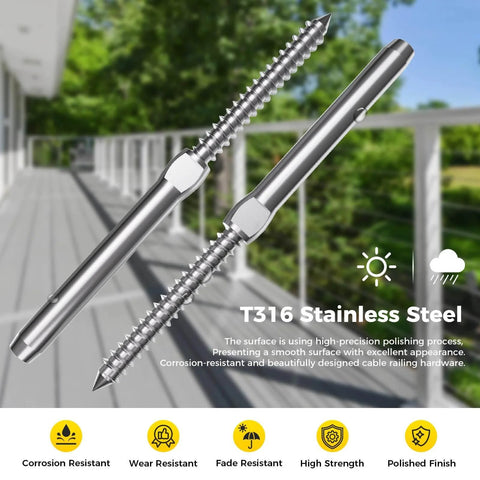 Marine Grade T316 Stainless Steel Cable Railing Hardware Kit For Wood Posts With Right And Left Handed Thread Swage Lag Screws