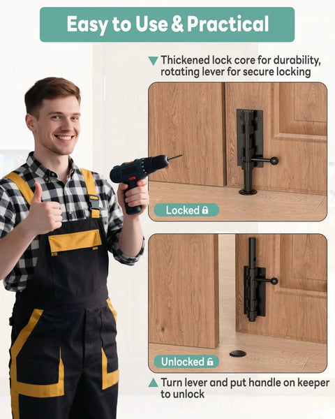 304 Stainless Steel Slide Bolt Gate Latch, 6.3 Inch Sliding Barrel Bolt Door Lock, installed on wooden door with person holding drill.