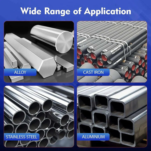 Four metal types showing alloy, cast iron, stainless steel, and aluminum for use with 20 Piece TCT Carbide Hole Saw Kit 1/2 Inch To 2-1/8 Inch Tungsten Carbide Drill Bits Set With Titanium Pilot And L-Wrench In Aluminum Case For Hard Metals Stainless Steel Iron Aluminum.