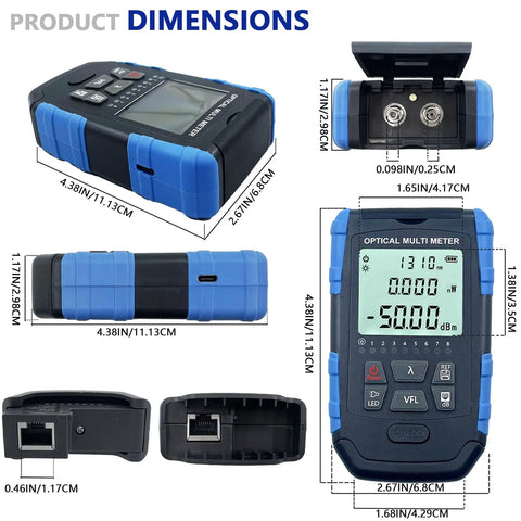 5-in-1 fiber optic cable tester with portable optical power meter, FC/SC/ST universal interface, blue/black handheld device