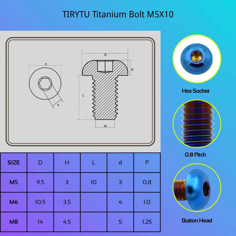 Diagram of Beefy Lightweight Titanium Bolts M5x10 with hex socket, button head, and PVD coating for MTB water bottle cage.
