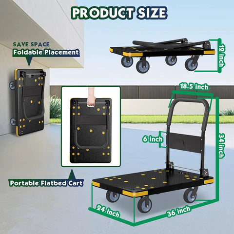 Foldable Platform Cart With 1323 Pound Capacity Four Wheel System showing size dimensions and compact foldable design.