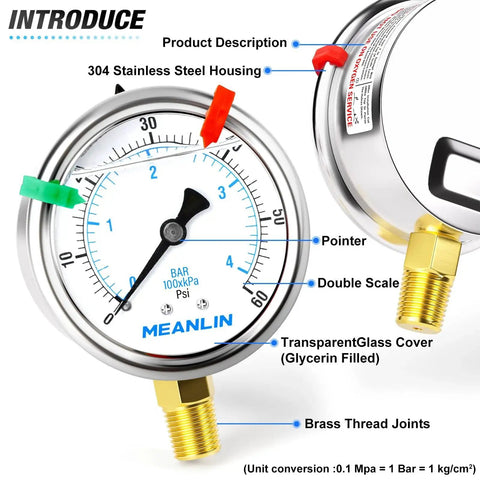 Stainless Steel Liquid Filled Pressure Gauge 0 to 60 Psi Range with 2.5 Inch Dial, Lower Mount, Glycerin Filled, Heavy Duty Industrial Gauge.