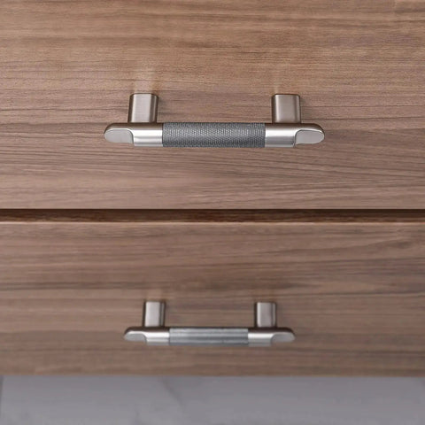 Knurled Cabinet Pulls Three And Three Quarters Inch Center To Center Five Pack In Grey And Brushed Nickel installed on wood drawers