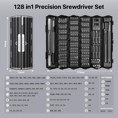 128-In-1 Precision Screwdriver Set With 125 Magnetic Bits, open case showing bits and tools, dimensions labeled for electronics repair.