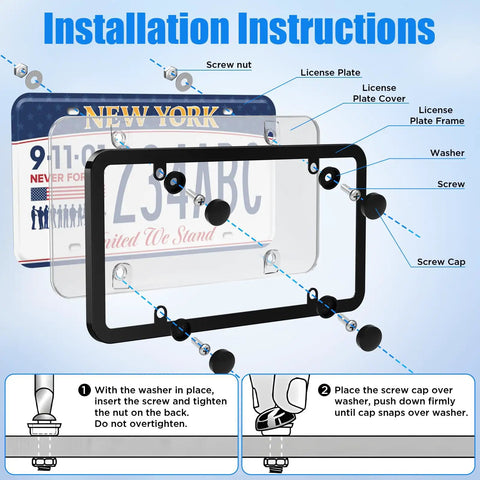 Installation instructions for 2 Pack Clear License Plate Frame Cover With Curved Surface Design And Bubble Protection.