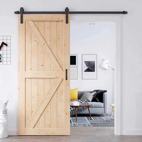 36 Inch By 84 Inch Solid Spruce Sliding Barn Door With A Six Point Six Foot Hardware Kit And Included Handle Assembly Required Stainable K Frame For Custom Finishes Smooth Quiet Glide For Home Or Office installed in home