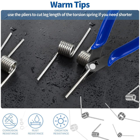 Waltool torsion spring assortment kit in stainless steel with blue-handled pliers for repairs