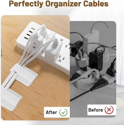 Before and after view of a heavy duty cable organizer kit for desk and PC setup with reusable nylon cable ties and hook and loop fasteners.