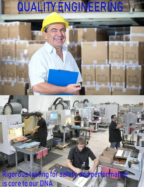 Man in hard hat with clipboard in warehouse, manufacturing workers operating machinery for quality engineering and testing.
