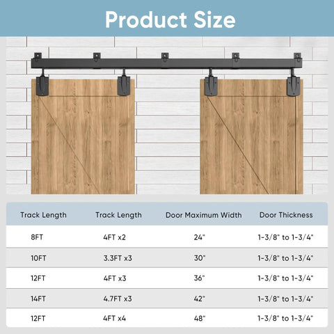 16 Foot Heavy Duty Box Rail Exterior Barn Door Hardware Kit for Two Doors with size chart and installation view