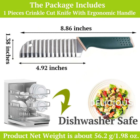Crinkle Cut Knife For Veggies And Potatoes Suuker Stainless Steel 304 Wave Fries Cutter With Ergonomic Handle shown with dimensions