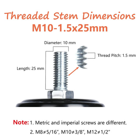 Diagram showing M10 x 25mm threaded stem dimensions for Office Chair Caster Wheels Set Of 4 M10 x 25mm Threaded Swivel Casters.