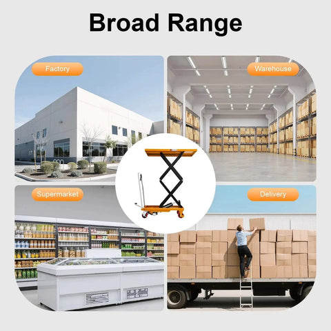 Hydraulic scissor lift table cart with 51-inch lift, four locking wheels, orange platform for material handling.