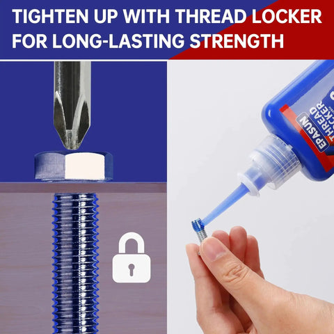 Blue Thread Locker M243 Medium Strength 50 ml bottle applied to a bolt to prevent loosening and corrosion on metals.