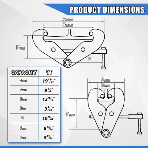 Diagram showing dimensions of Heavy Duty I Beam Clamp 3 Ton Capacity With Adjustable Opening For Rigging, including width and height.