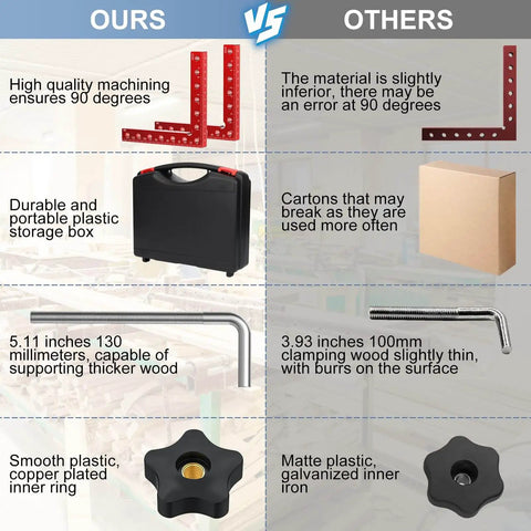 Comparison of right angle corner clamp set includes pro-grade aluminum four pack, 5.5-inch square with durable plastic storage case.