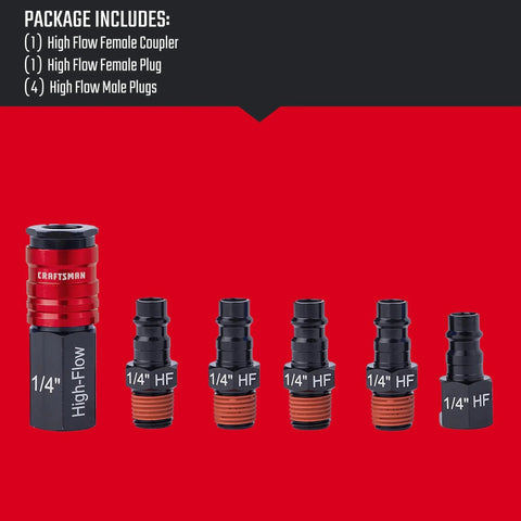High Flow Aluminum 6 Piece Air Fittings Kit With One Quarter Inch NPT Threads For Air Tools And Compressors Large Bore For Maximum Airflow Compatible With High Flow V I A M T L U Style Plugs Lightweight And Rust Resistant Craftsman shown in package