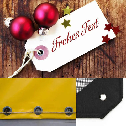 Collage showing 'Frohes Fest' tag with red ornaments and grommets on fabric, related to One Half Inch Grommet Kit 100 Sets Four Colors.