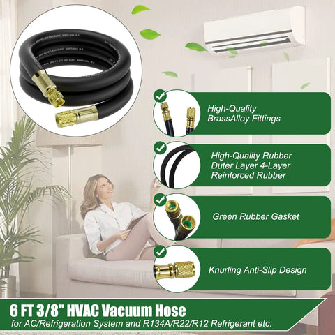 HVAC vacuum hose, 6 ft, 3/8 in ID with brass fittings for AC/refrigeration equipment