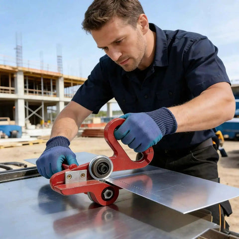 Man using Portable Dual Wheel Slitter For Metal And Vinyl Sheets Hand Pull Cutter Delivers No-Burr Clean Cuts On Steel Aluminum Plastic