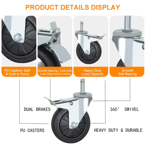 Stem Caster Wheels With Brakes, Swivel TPR Casters Set Of Four, Seven Sixteenths By One And Three Eighths Inch Stem
