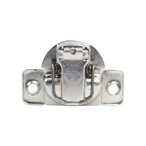 Front view of a metal hinge from the 50 Pack Cabinet Hinges With Soft Close, 108 Degree Opening, 1 Inch Overlay, Screw On, Compact Design