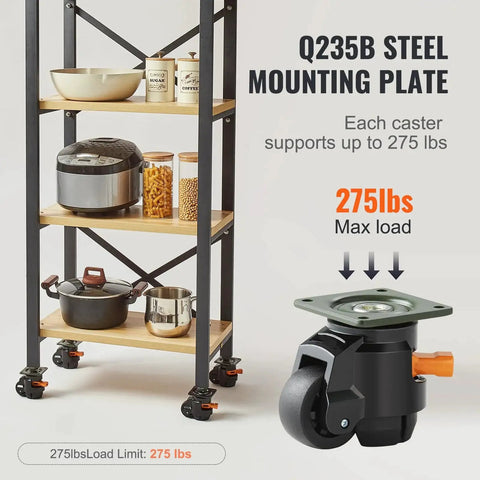 Q235B steel mounting plate with leveling caster, supporting up to 275 lbs, 360-degree swivel wheel and orange handle adjuster.