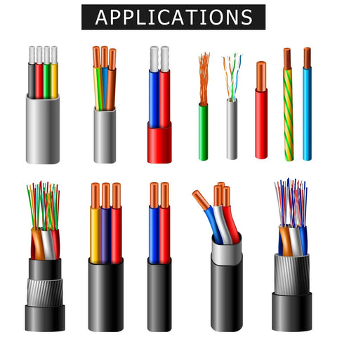 Electrical wire assortment with multicolored insulation and exposed copper conductors on white background.