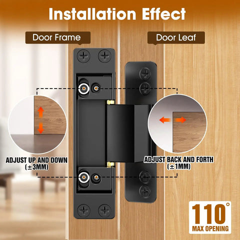 Invisible Hidden Door Hinge Kit For Concealed Doors And Feature Walls Featuring 110 Degree Swing And 2 Way Adjustable Butt Hinges Black Four Point Five Inch Matte Lipshome showing installation effect with adjustment directions