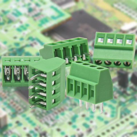 Image of 4-Pin 2.54mm Pitch PCB Terminal Block Screw Terminal Connector Kit, 150V 6A Mount, 20 Pieces, green plastic housing, brass pins.