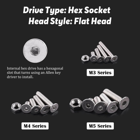 510-Piece Stainless Steel Flat Head Hex Socket Bolts And Nuts Set With M3 M4 M5 Sizes 304 Grade Includes Screws And Nuts