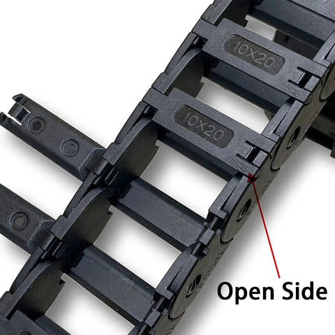 Close-up of Open Type Drag Chain Cable Carrier 39.4 Inch showing internal 10x20mm measurement for CNC Router, Mill, and 3D Printer.