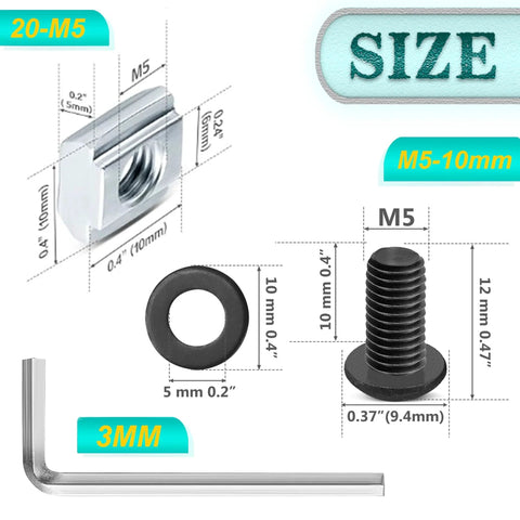 2020 Series Aluminum Extrusion Profile Connector Kit For 20mm Rails showing M5 T-slot nut, M5 hex screw, washer, and wrench