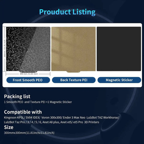 Dual Sided PEI 300x300 Build Plate With Smooth And Textured Surfaces Spring Steel Magnetic Flexible Heated Bed overview