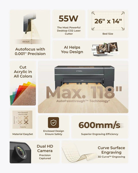 Powerful Desktop CO2 Laser Cutter For Makers And DIYers With 55W Output, XTool P2S Engraver And Cutter, showing product features
